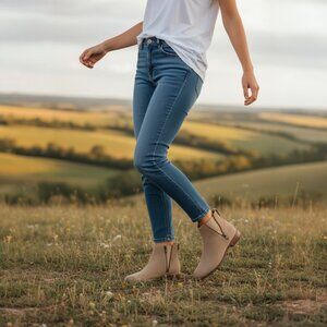 Frye Carly Chelsea Zipper Accent Desert Ash Tan Suede Ankle Boot, Size 7.5